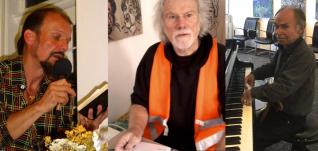 Trash-Prosa, Christof Klemmt liest, Helmut R. Klein illustriert spontan und Jürgen Iversen improvisiert am Piano